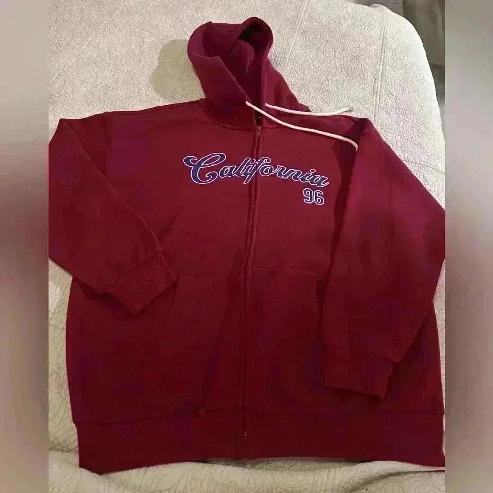 Forever 21 Red & Navy California Hoodie Zip-Up Sweatshirt, Size M Oversized